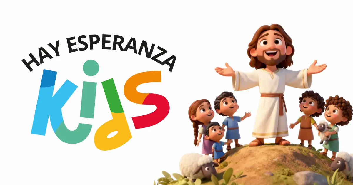 Jesús rodeado de niños junto al logo de Hay Esperanza Kids