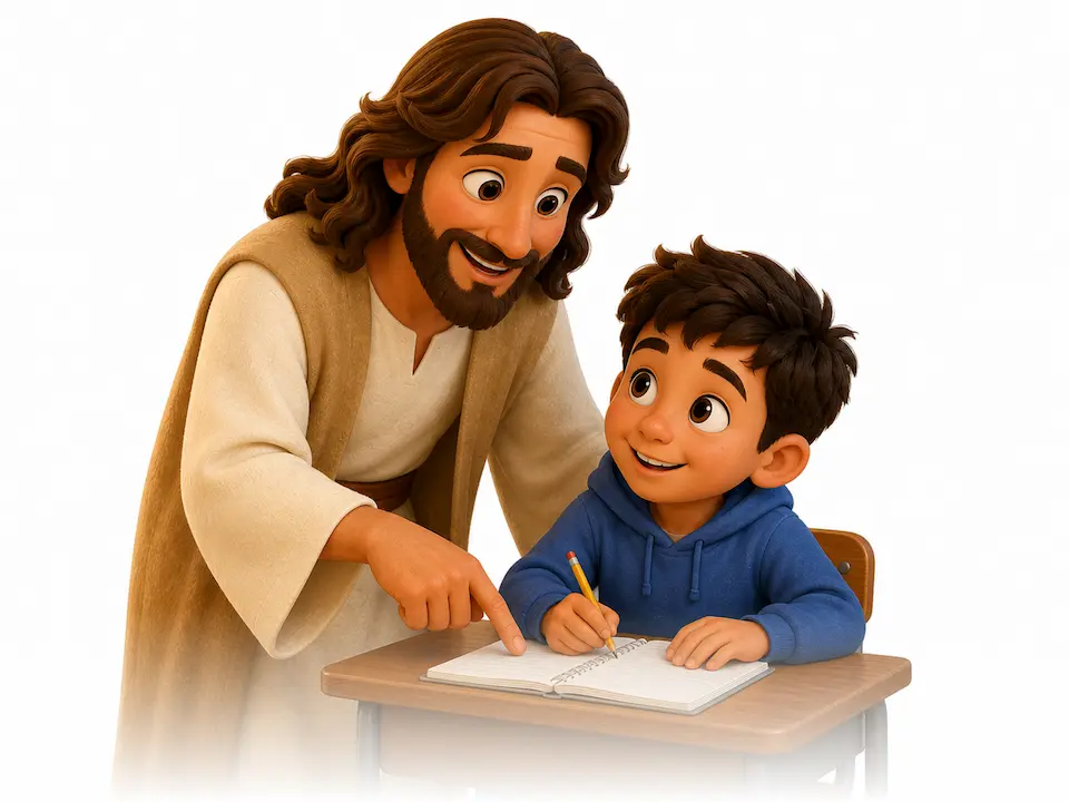 Jesús acompaña a un niño mientras escribe en su diario