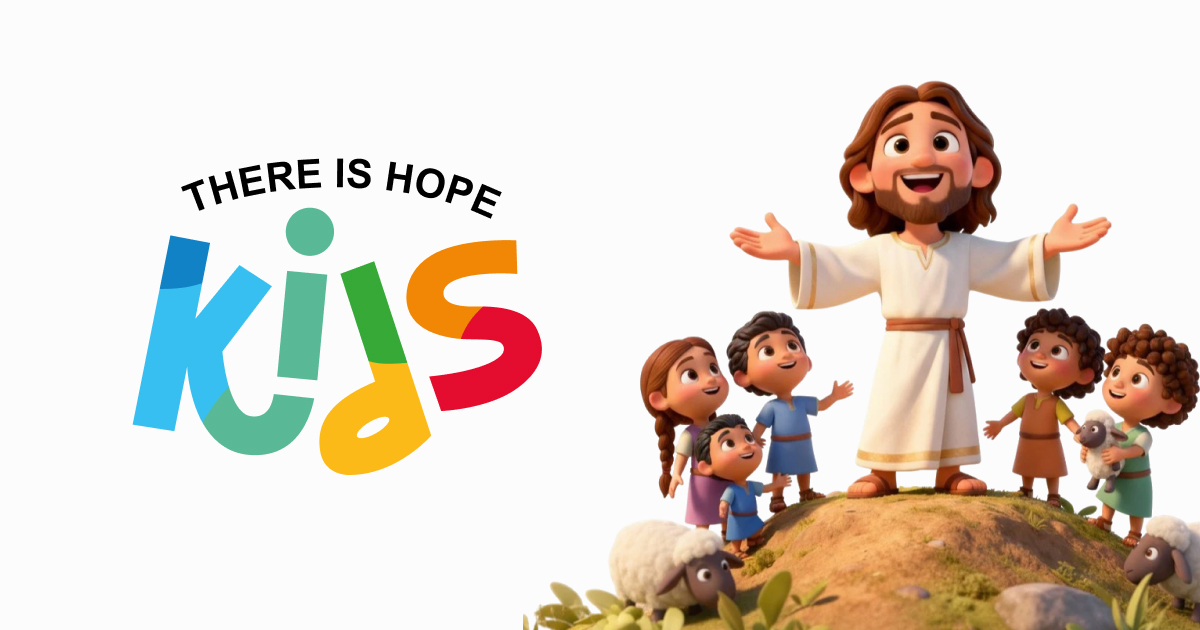 Jesus surrounded by children beside the There Is Hope Kids logo